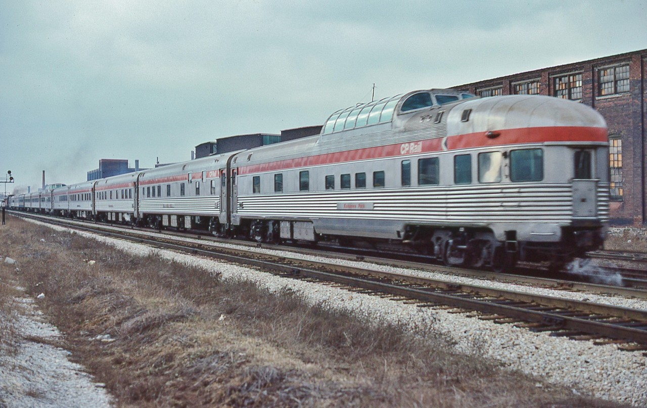 Ex CP Rail Kokanee Park is charge of the Markers - that missing drumhead denotes this is early VIA year(s).


Trailing shot of:


      stripes !  


The view from the CP Rail Galt Sub, where CP Rail daily  #11 & #12  The Canadian operated daily for 23 years, March 10, 1979 Kodachrome by S.Danko.


VIA Rail #1 power: ex CP Rail  FP9A #1413; ex CP Rail  F9B #1965; leased CP Rail  RS-10s #8576 in Script.


NOTE:   VIA Rail #1 & 2 were Daily.


sdfourty