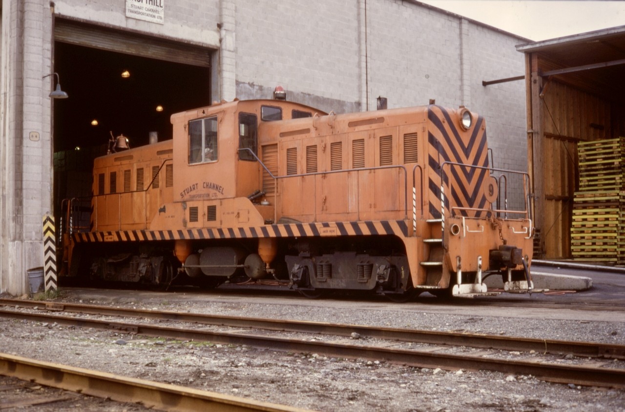 On the east coast of Vancouver Island, roughly 35 miles north of Victoria, Crofton was a good harbour, for a copper smelter (Lenora Mt. Sicker Railway) in early years, transitioning to a timber transload (Osborne Bay Wharf Co.), and eventually a pulp mill (BC Forest Products), with a rail connection down from Osborne Bay on the E&N mainline and a railbarge slip for connection to mainland railways.  BCFP established Stuart Channel Transportation to manage railway interchange activity, and acquired 80-ton Whitcomb number 9 (serial 60634 of 1944-11, originally US Navy at Oakland, CA) for power, seen here at Crofthill (BCFP’s railway station name) on Saturday 1971-10-23 when I barely knew anything about industrial railways.

SCT 9 became BCFP 9, then Fletcher Challenge 9 (mill is now Catalyst Paper) and was retired to the BC Forest Discovery Centre on the north side of Duncan, just six miles as a raven flies south from Crofton.
