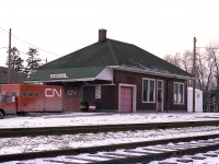  The old CN Dunnville station at mile 38 of the subdivison of the same name. The track would be pulled up within a couple of years and I understand the structure ended up being used for storage.
I understand this building was removed later in the 1980s but do not know anything else about it.   Anyone??