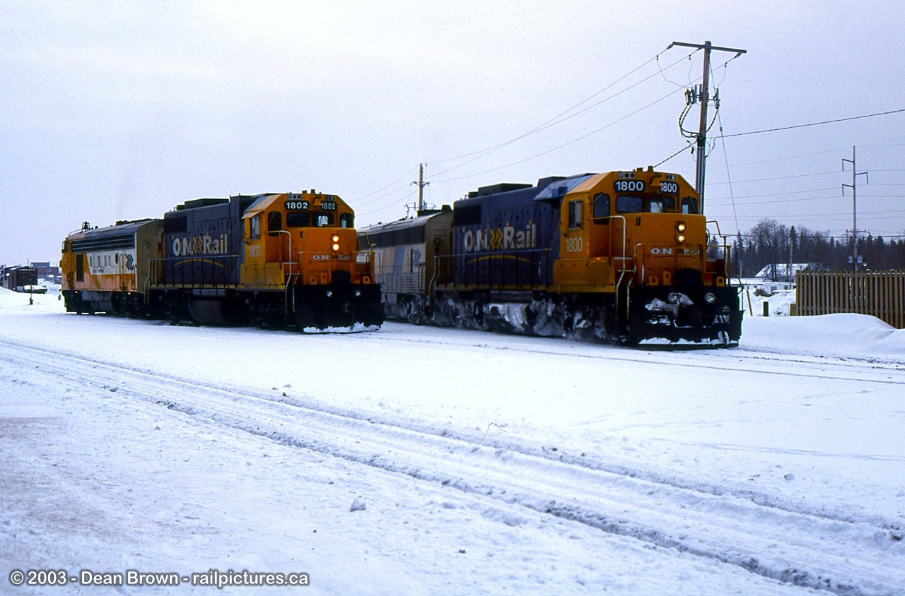 ONT GP38-2 1802 and ONT GP38-2 1800 are working at Cochrane Yard on a very cold winter morning.