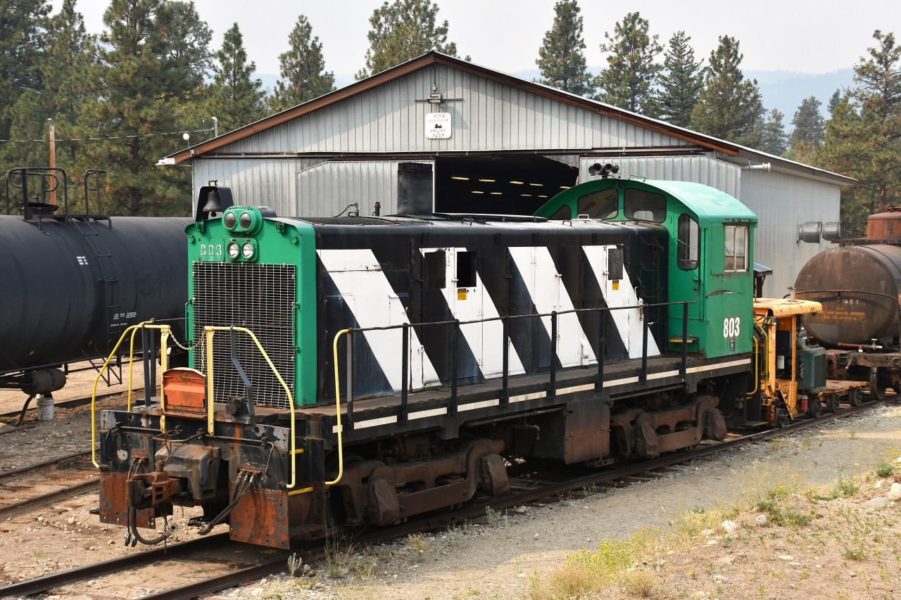 On the property of the KVSR (Kettle Valley Steam Railroad) sits an old ALCO S-6. This unit was formerly employed by the Neptune Bulk Terminals as 803 and began its life way back in 1955 on the Southern Pacific. This model, of which 126 were produced between 1955 and late 1960 were mostly purchased by the SP. Less than 20 units remain, many of which are still active in various locations on the continent. The one here, however, has sat by the engine house for a number of years and is still awaiting eventual restoration.