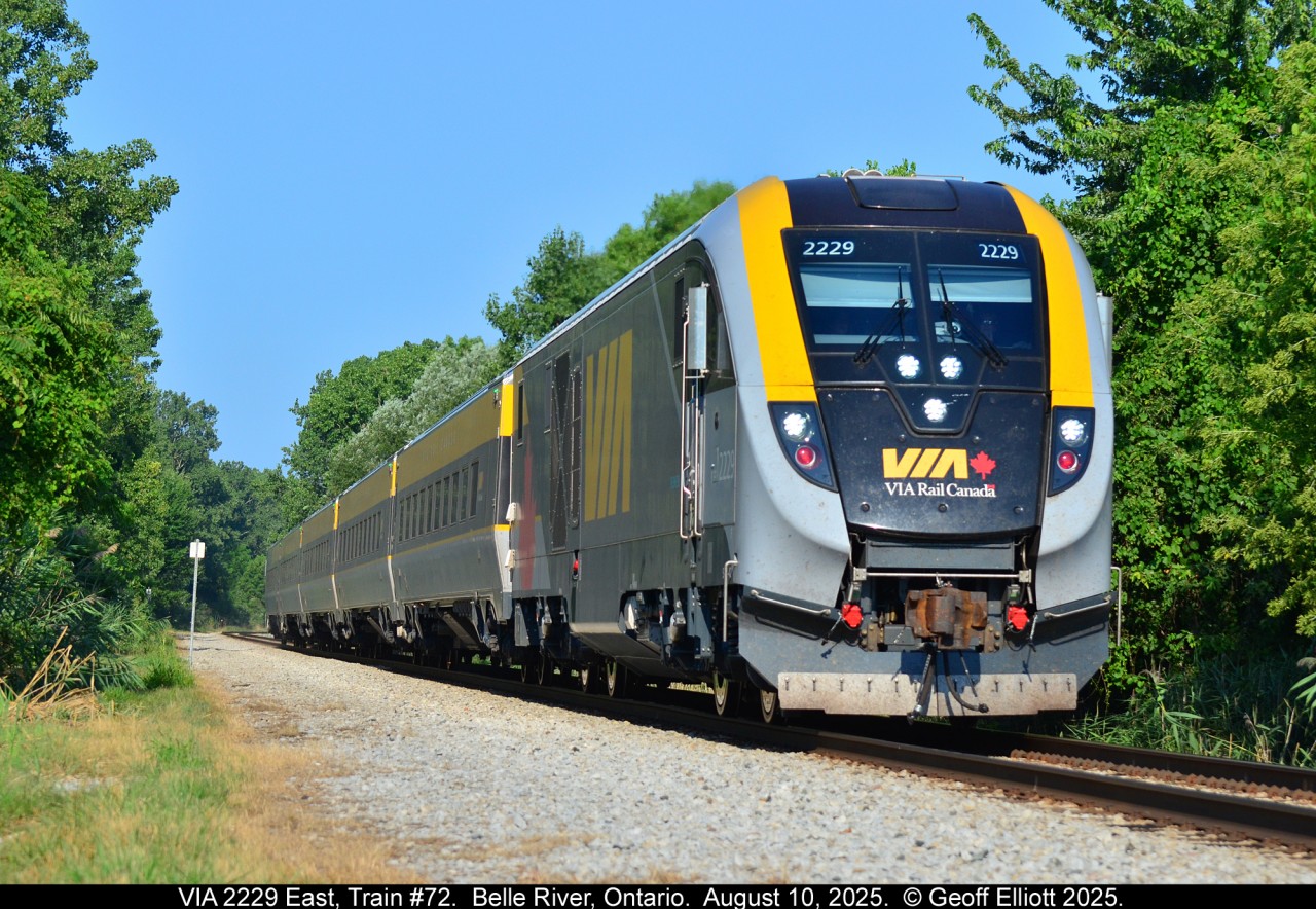 VIA Charger #2229 leads Train #72 through Belle River, Ontario on a sunny August 10th morning.
