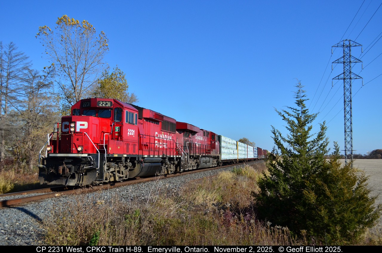 Something 'different' for a change.  CPKC Train H89 rolls through Emeryville, Ontario on November 2, 2025 with a GP20Eco unit on the point to give us fans something different to shoot instead of the regular GE's that parade up and down the Windsor Subdivision.  Not that it's something we haven't seen before, but it's just nice to seem something else to break up the normal stuff.