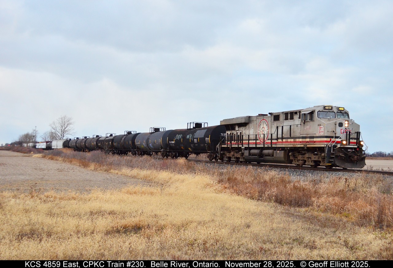 What started out the day as a hopeful sunny morning shot when CPKC train #230 arrived in Windsor, ended with afternoon clouds and dullness.  The only good thing was that KCS 4859 the, "Safety Starts Here" unit, was still on the point of CPKC Train #230 as it rolled through Belle River, Ontario.