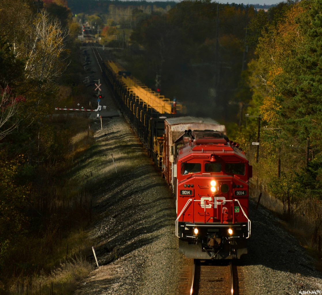 CP 9014 South makes a run at the hill up and out of Spence, with a load of continuous welded rail for unloading in the GTA.