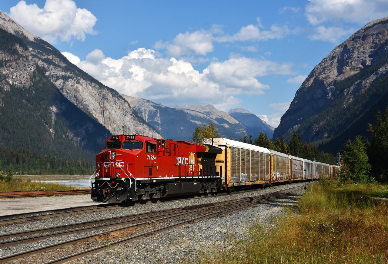 Beautiful afternoon in Field, BC. First of two trains to depart Field (and the Mountain sub)  after crew change was an eastbound stack train with CPKC 7450 & KCSM 4083 on the lead. Mid-train was KCSM 4710. I was quite surprised to see a fresh new CPKC 7492 on the rear, facing outward no less, and it made for a great shot against the magnificent mountains of the west.