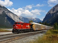 Beautiful afternoon in Field, BC. First of two trains to depart Field (and the Mountain sub)  after crew change was an eastbound autorack train with CPKC 7450 & KCSM 4083 on the lead. Mid-train was KCSM 4710. I was quite surprised to see a fresh new CPKC 7492 on the rear, facing outward no less, and it made for a great shot against the magnificent mountains of the west.