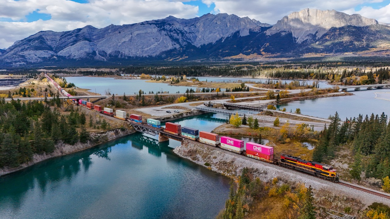 CPKC 2-149-10 enters the Rocky Mountains at Seebe on the Laggan Sub.
