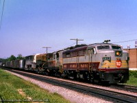 A pair of MLW products lead a westbound freight over the Don River at Wicksteed Avenue.

<br><br><i>John Freyseng Photo, Jacob Patterson Collection Slide.</i>