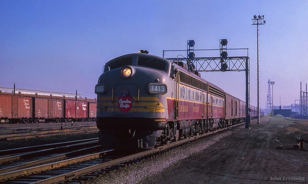 Montreal - Havelock - Toronto pool train 21 pauses at Leaside before heading down the Belleville Sub Don Branch to Union Station.  Less than a year remained at this time for the pool train agreement which would come to an end at midnight on October 30, 1965. CPR overnight pool trains 33 & 34 became CPR daytime RDC runs Toronto - Peterborough - Havelock - Smiths Falls - Bedell Jct. - Ottawa. The CPR overnight pool trains 21 & 22 became luxury late afternoon trains Toronto - Belleville - Smiths Falls - Montreal using equipment from CPR's Canadian, including dining car and dome-observation lounge Park cars in a vain attempt to compete with CN’s afternoon Rapido’s to/from Montreal. By January 1966, it had become obvious that CP couldn’t effectively compete with the Rapido’s, so CP applied and was granted permission to terminate trains 21 & 22.

Scan and editing by Jacob Patterson.