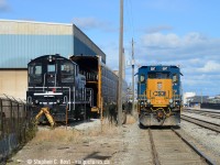 CSX Y190 is heading back to the Depot/Roundhouse in Sarnia passing by SW8 DESX 7731 which is parked at the south end of OWS Railcar in Sarnia. I don't know where this thing is, or if it's even still there. But here's a picture of it when it was at <a href=http://www.railpictures.ca/?attachment_id=20843 target=_blank>Agrium in Kapusskasing area.</a> and if you want to see more on this locomotive, check out <a href=http://www.trainweb.org/oldtimetrains/industrial/ont/agrium.htm target=_blank>old time trains</a>. The DESX builders plate on this unit calls it a SW900 with a rebuild date of August 30 2014.