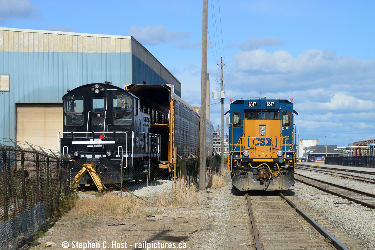 CSX Y190 is heading back to the Depot/Roundhouse in Sarnia passing by SW8 DESX 7731 which is parked at the south end of OWS Railcar in Sarnia. I don't know where this thing is, or if it's even still there. But here's a picture of it when it was at Agrium in Kapusskasing area. and if you want to see more on this locomotive, check out old time trains. The DESX builders plate on this unit calls it a SW900 with a rebuild date of August 30 2014.