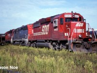 SOO Line SD40-2 6602, HATX SD45R 917 and another CP SD are viewed at CP’s Aberdeen Yard in Hamilton, Ontario. HATX 917, is former Southern Pacific 9106 and was built during 1969. It was eventually acquired by Genesee & Wyoming and became Huron Central Railway (HCRY) 459 in spring 1998. It was later transferred to the Buffalo & Pittsburgh Railroad (BPRR) and became BPRR 459. Several years later it was rebuilt as BPRR SD40M-2 3063 retaining the SD45 style carbody.
