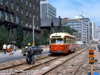 TTC PCC 4376 (A6-class, built CC&F 1947-48) heads westbound through track construction work on College Street near Elizabeth. The building on the left is the old UofT Banting Institute building, with Bay Street in the background and Yonge Street further back.
<br><br>
<i>Robert D. McMann photo, Dan Dell'Unto collection slide.</i>