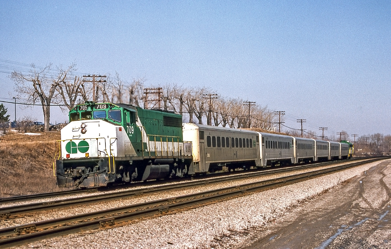 GO 709 is in Scarborough, Ontario on March 23, 1982.