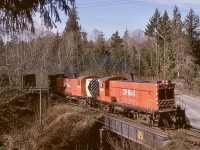 If ever there was a fortunate-timing shot, this one on Thursday 1975-03-06 qualifies, just seven days before the beginning of the shutdown of all CP Baldwin roadswitchers, completely unknown to me at the time of the photo.  A potential tree perch to catch northward freight No. 51 from Victoria to Nanaimo had been on my radar for some while, and with a pair of Baldwins, 8001 and 8002, and brilliant sunshine, this view of the overpass of Northgate Road at mileage 29.8 near Cobble Hill worked out, just enough of an angle that the short hood of the lead unit was not completely hidden behind the cab.

<p>Note the feet-and-inches clearance sign on the bridge.