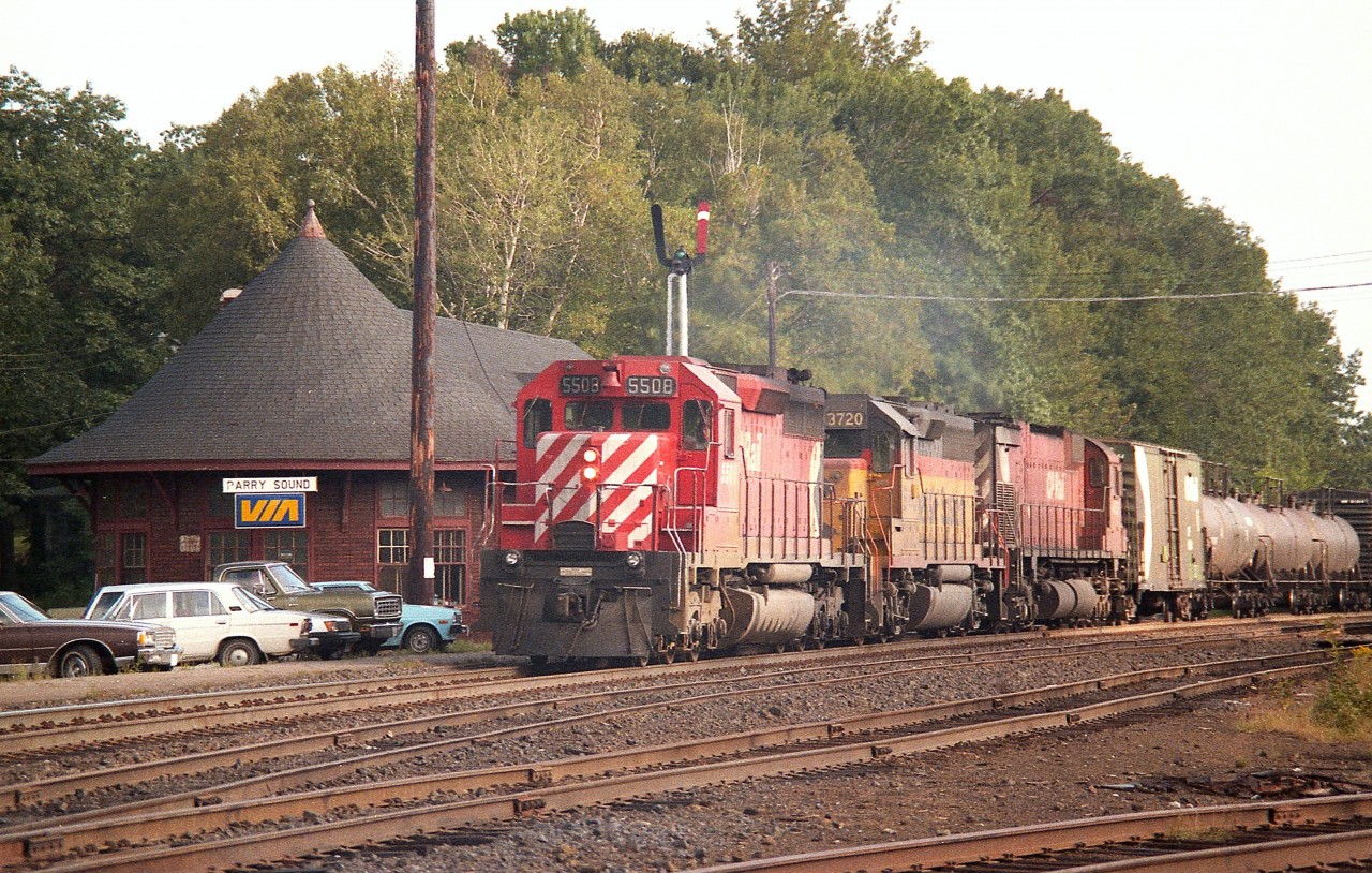 It is fairly early on this pleasant Thursday morning as you can see the train here is a bit backlit. I had been out for the parade of northbounds that usually preceded south (or east) trains first thing.  It was so nice to be able to wander without getting the negative attention of various CP employees. Thats how it worked back in those days if you made yourself known to the station agent. A friendly bunch back then.  CP 5508, B&O 3720 and CP 4508 make up the power consist here.
I might add that I have accidentally repeated some photos on railpictures over the years. Sorry!  It is hard to keep track of them all.
Cheers!!