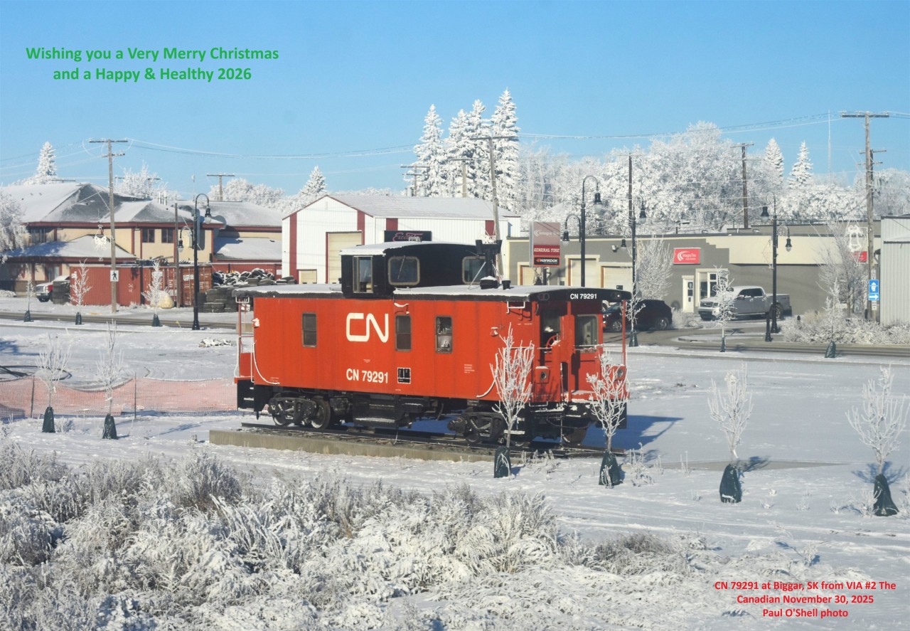 Season's Greetings  
It's a frosty time of the year on this very cold morning in Biggar, SK. 
CN 79291 is surrounded by what looks almost like fake snow on all the trees and shrubs. 
Wishing all the RP.ca contributors, viewers, and moderators, a wonderful Christmas season. 
 Paul O'Shell