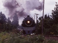 On a beautiful August morning in 1999, former CP Royal Hudson 2860, now British Columbia 2860, roars northbound on the Squamish Subdivision in rural North Vancouver putting on a magnificent display of sound and smoke.  
