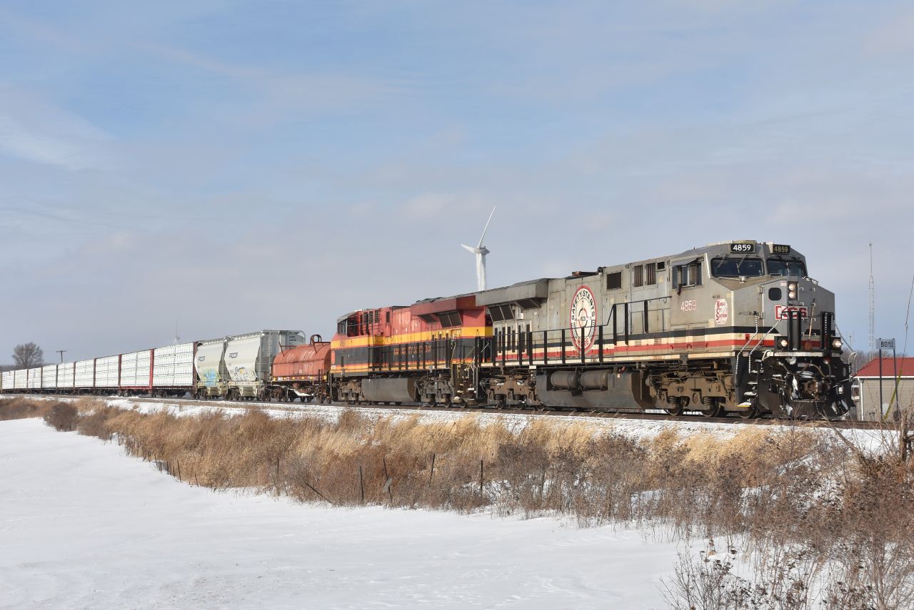 CP #236 passes SNS Boyle at Mile 29.3 Hamilton Sub with the KCS 'Silver Safety' unit up front. Thanks Marcus for the heads-up. I was unaware that the other side of this unit is lettered in Espanol. 

CPKC 236-16
KCS 4859-KCS 4765