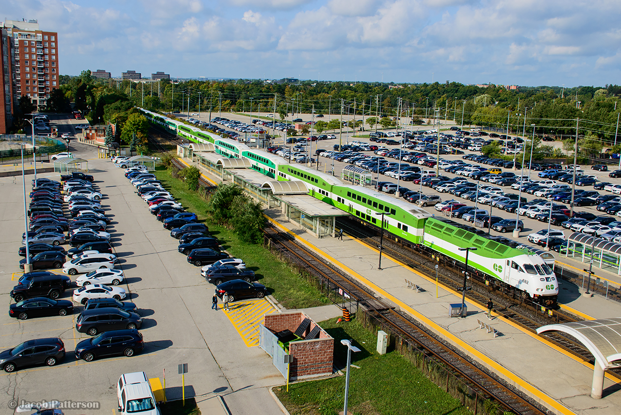 Train 1012 behind GO 682 rumbles into Oakville station.