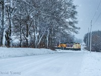 The snow is falling and the F's have emerged from their seasonal slumber. Peaking out from the trees, OSR 6508 announces the its presence crossing Thomas Road, bound for Putnam. OSR 1401 started roaming the rails 2 weeks earlier and this day finds OSR 6508 mated up to the set, sandwiching the last GP9 to roll off the production line. 