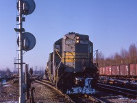 Holding at Leaside, and eastbound freight led by GP9 8623 and leased SOO Line F7a 2501C waits to proceed to Agincourt Yard.

<br><br>Shortly, <a href=https://www.railpictures.ca/?attachment_id=53011>CP Extra 4025 west will pass through.</a>

<br><br><i>Scan and editing by Jacob Patterson.</i>