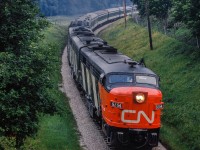 North of Newmarket, CN's westbound Super Continental rounds the curve near mile 36.

<br><br>Meeting of Super Continental's at Aurora:
<br><a href=https://www.railpictures.ca/?attachment_id=56752>3 in the siding</a>
<br><a href=https://www.railpictures.ca/?attachment_id=56981>4 approaching on the main</a>
<br><a href=https://www.railpictures.ca/?attachment_id=57099>The meet</a>

<br><br><i>Scan and editing by Jacob Patterson.</i>