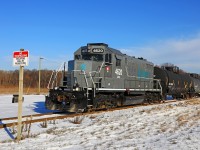 On loan to the Essex Terminal, LDSX 4620 with the recently added decals for the GIO Railways Corporation, is departing Ojibway Yard in Windsor with 2 tank cars for Diageo in Amherstburg. Expect the 4620 to be leaving soon as ETR 108 is back on the property after work and new paint at LDS in Sarnia. 