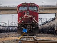 A coal dust covered CP 8008 sitting tied down and waiting for the next assignment.
