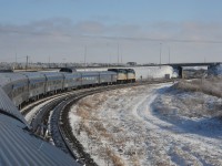 <b> Departing Saskatoon </b> <br>
VIA 2 has left the station track at Saskatoon, SK and is on the main to continue its eastward journey on this bitterly cold November 30, 2025 afternoon. <br>
By the end of the journey, we were running 7 hours late, arriving in Toronto at 21:30 <br>
There's nothing wrong with extra hours on The Canadian. :-)