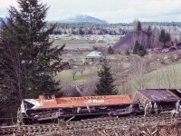 Southward freight train No. 52 from Wellcox in Nanaimo to Victoria encountered a broken rail on the curve just south of South Wellington in the wee hours of Wednesday 1974-02-20, resulting in lead GP9s CP 8531 and 8613 derailing mostly upright, but idling Baldwin CP 8005 rolled onto its left side, as seen the following day on 1974-02-21, with following cars scattered down the bank.  Internal engine damage resulted, and that was the end of 8005’s active life, leaving only seven of CP’s original thirteen Baldwin roadswitchers.

<p>The elevated perch for this photo was a handy tree, and served well to show some early history in the near distance.  Note the diagonal farm road running to the upper right, once a railway grade of Pacific Coast Coal Mines from Extension to Boat Harbour.  That slag pile is from the Alexandra Colliery, and was a good camera perch on the other side of the derailment scene.  Off in the far distance is Mount DeCosmos, at the western end of Crown Zellerbach’s log-haul railway from Nanaimo Lakes to Ladysmith.
