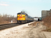 A clean morning image of VIA 6775 west rolling past the old Aldershot Cold Storage building. The building has been long demolished and the vantage point here at the end of Howard Rd has been obliterated by the third track that was put in to accommodate improved GO service to Hamilton and Niagara. The train is too small to be a #73, so I am thinking it is a morning #71. I didn't make proper notes.
After #6775's days were done in Canada, it shuffled off to Napa Valley in California to take on the tourist biz down there.
Thats the Waterdown Road bridge in the background.