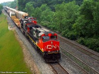422 with CN C44-9WL 2523 and CN ES44DC 2200 were stopped at Bayview on track 3, and CN 332 with CN ES44DC 2200 was on track 2 running beside 422.