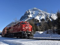  Mount Stephen looms over the small town of Field BC as CP7432 leads a Westbound double-stack train into the yard for a crew change. 
