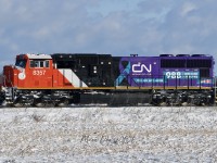 Making its long awaited appearance in Southern Ontario is CN 8357 SD75IACC rebuild, painted in the Suicide & Crisis Lifeline livery. It arrived in Sarnia, ON., today, January 20, 2026, as the mid DPU unit on grain train 874 heading east on the Strathroy Sub.