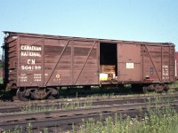 <b> Long Service Award </b> <br>
CN 504159 is the Oil Supply Car on CN's Great Lakes Region tie gang #4 at Oba, ON in July of 1976. <br>
This steel frame wood box car built in April 1929 is one of 1600 built by CC&F from March to May of that year numbered in the CN 503500-505099 series. <br>
It served CN well for 50+ years.