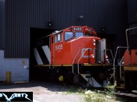 During an early summer day, still new CN SD50F 5455 is captured receiving some attention inside the MacMillan Yard diesel shop in Vaughan, Ontario. The unit was built by GMDD in London during March 1987. It was eventually retired on October 4, 2008 when CN was actively purging it’s SD50F fleet.