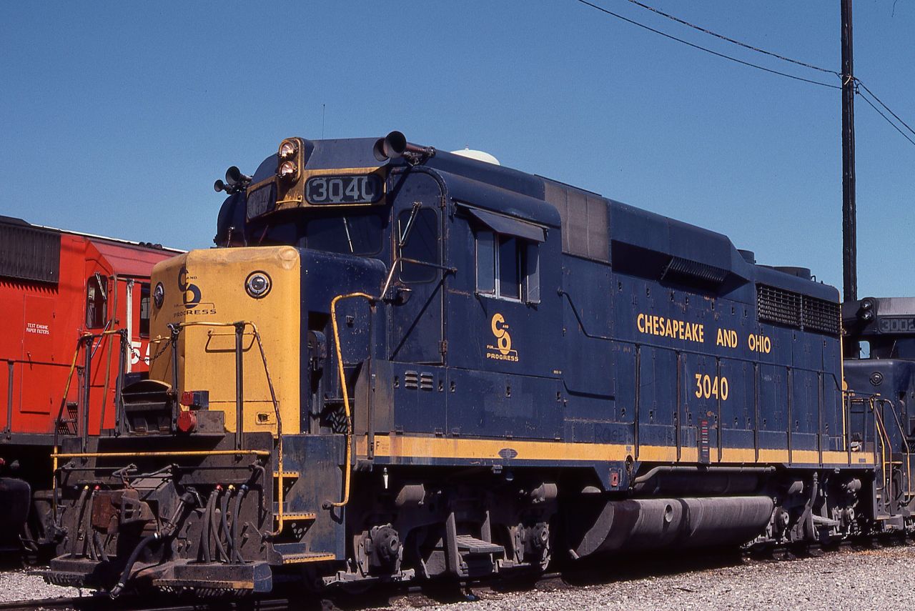 Chesapeake and Ohio GP30, 3040, rests at CP's Agincourt Yard, Toronto, Ontario on September 6, 1976.  These were great train watching days with plenty of variety.