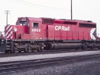 Sharp looking CP SD40-2 5922 is seen at rest at the Agincourt Diesel Terminal with the nice action red paint scheme, August 1983. Rather pedestrian compared to the big MLW units - I took this shot anyway - glad I did. I see that this unit is still running as per an April 2025 you tube video - amazing.