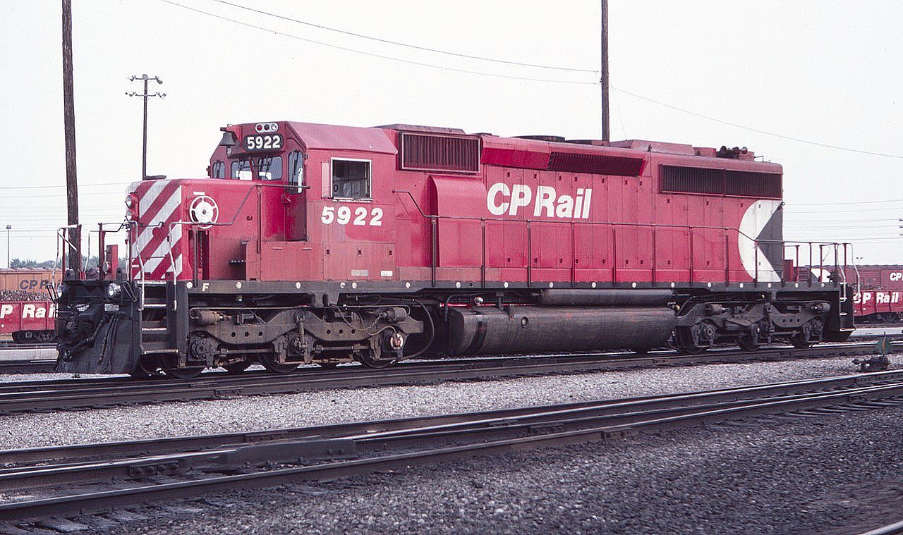 Sharp looking CP SD40-2 5922 is seen at rest at the Agincourt Diesel Terminal with the nice action red paint scheme, August 1983. Rather pedestrian compared to the big MLW units - I took this shot anyway - glad I did. I see that this unit is still running as per an April 2025 you tube video - amazing.
