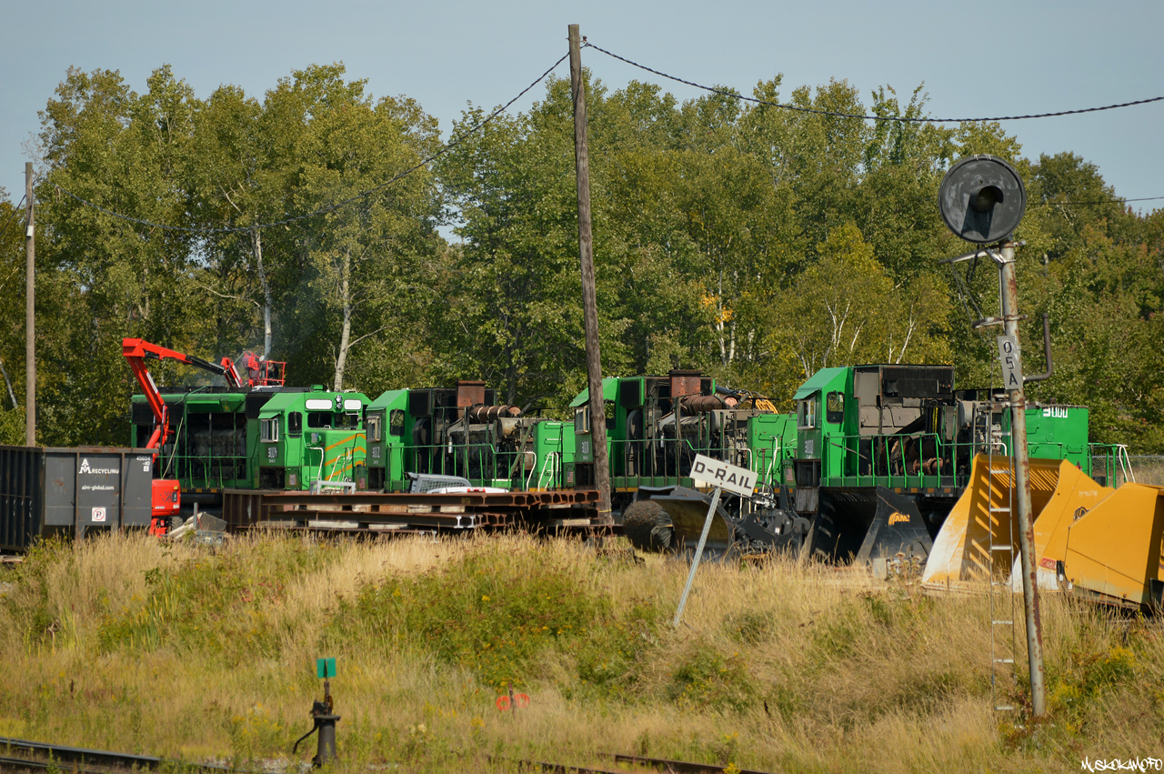 Recently Mr Mooney submitted a shot ( http://www.railpictures.ca/?attachment_id=58055 ) of some former NBSR SD40's awaiting their fate under the Main St overpass in North Bay, a few months later I stumbled across them being cut up on one of the AIM Recylcing tracks (formerly Ferne Piche & Sons) just off the Temagami sub by the old CN diamond/Dysktra bypass track North of Old Callendar road. 

From near to far:
3000 was built as CP SD40 5522 in 10/1966, sold to HLCX and upgraded to -2 electronics around 1999 
3001 was built as QNSL SD40 219 in 6/1971, sold to HLCX and upgraded to -2 electronics around 2000
3002 was built as SP SD40 8448 in 9/1966, rebuilt as SD40R 7326 in 10/1980 
3004 was built as UP SD40 3021 in 3/1966, upgraded to SD40-2 in 8/1991 before being rebuilt as an SD40M-2 in 3/1994