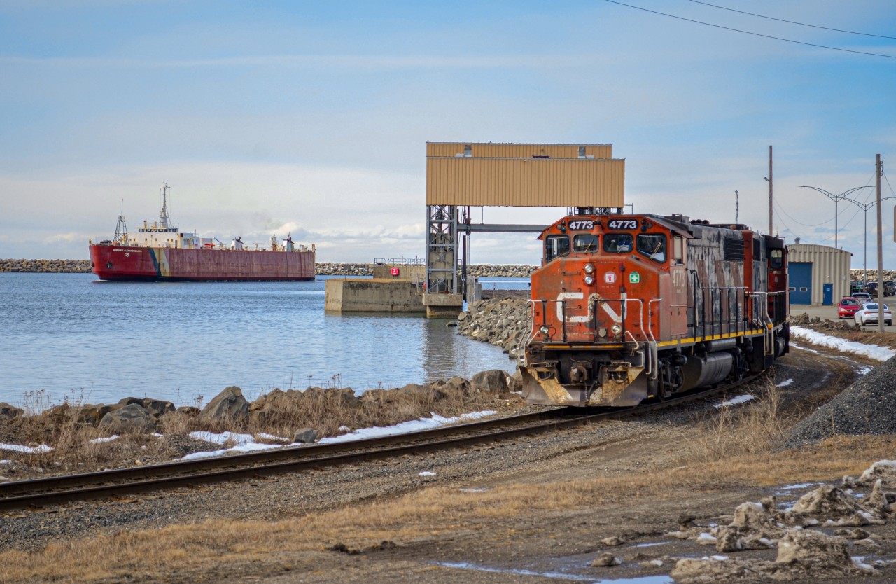 CN 561's power waits ahead of the ferry ramp as the Georges-Alexandre Lebel railcar ferry enters the port of Matane. The time it took between 561 switching the mills and the ferry arriving at Matane allowed us for a nice lunch break, as usual.
