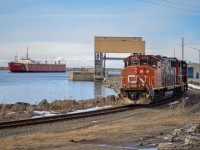 CN 561's power waits ahead of the ferry ramp as the Georges-Alexandre Lebel railcar ferry enters the port of Matane. The time it took between 561 switching the mills and the ferry arriving at Matane allowed us for a nice lunch break, as usual.