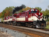 OSR 503 lets out a belch of black smoke as the Woodstock Job pulls off the CP Galt Sub. and in to the small yard in front of the CP Woodstock station (behind me).  
