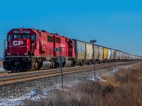 Dragging a long line of hoppers West out of Winnipeg.