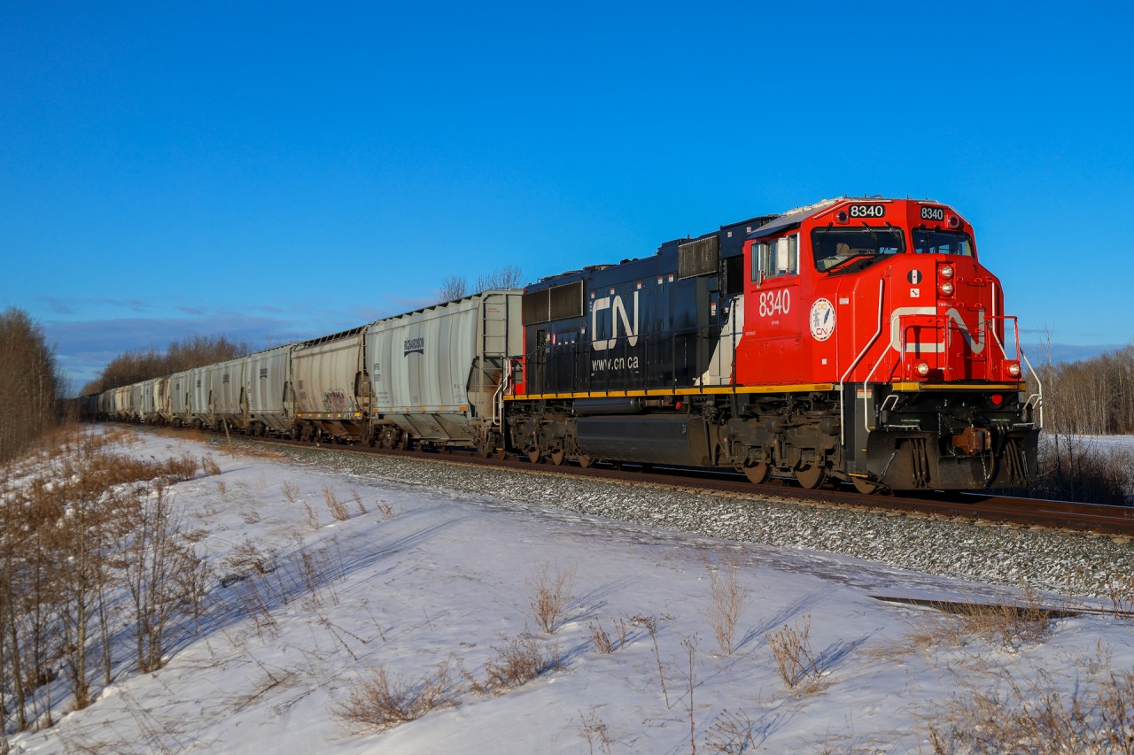 A fresh looking CN 8340 leads 161 grain empties across the Edson Sub. 

G 83453 18: CN 8340, CN 2800 – DP 1x1x0 – 161 cars