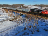 The sun plays some tricks as CN 8340 leads 161 grain empties across the Magnolia Trestle.  G 83453 18: CN 8340, CN 2800 – DP 1x1x0 – 161 cars