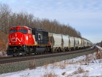 A double set of frac sand for Grande Prairie departs the Edmonton area enroute to Swan Landing, where it will be split in two for the grades and repowered.  

S 73381 16: CN 8319, CN 3847, CN 2755 – DP 1x1x1 – 196 cars