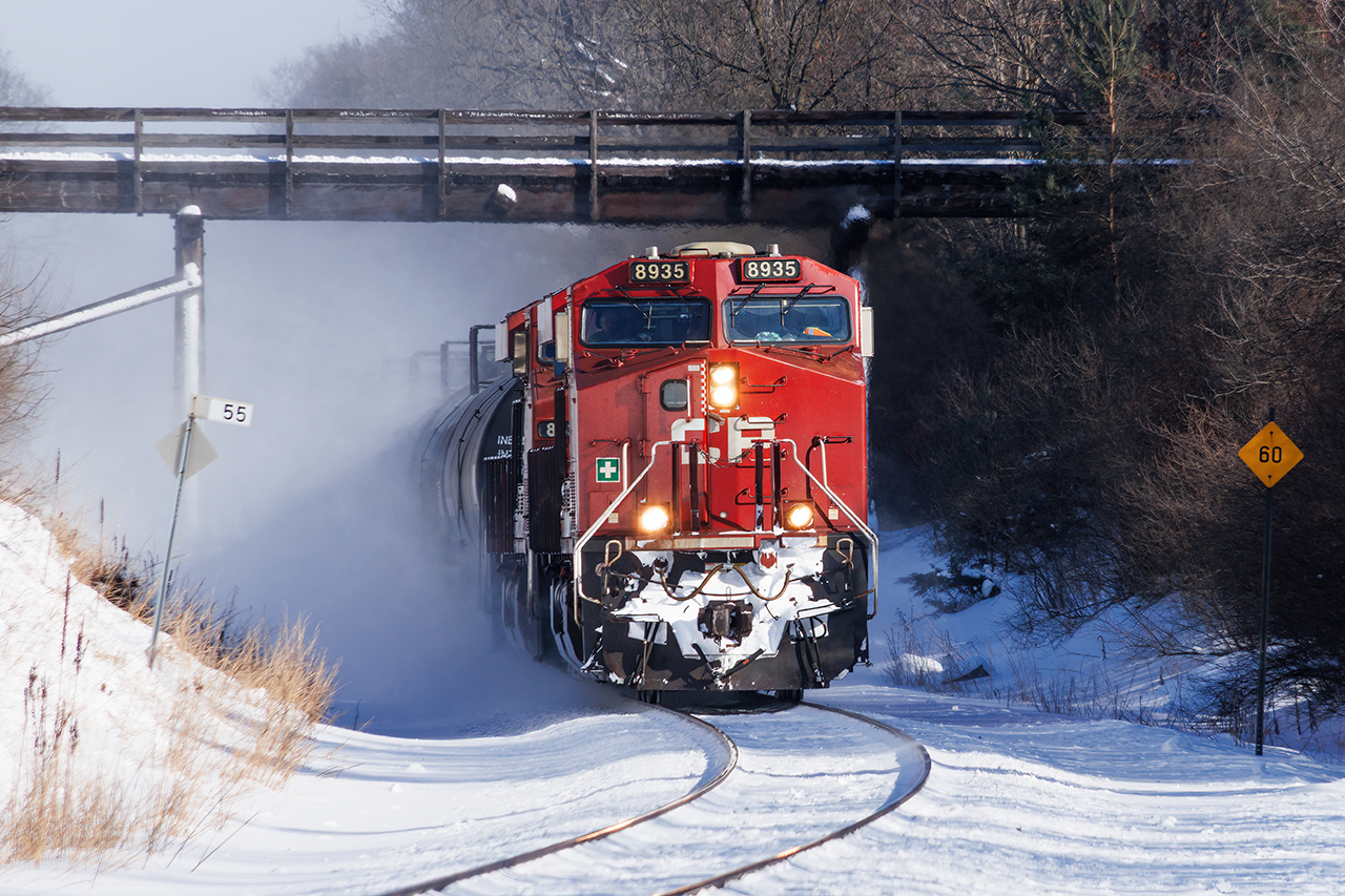 It's -15. That's not particularly cold...if you're used to it. The wind makes it feel like -25. Not horrendous if you dress for it. I didn't, but stupid should hurt. But with the sun making a very rare appearance, this was not to be missed. These are the kind of winter shots I dream of....visible speed, showcasing the railroad in its best and most determined light..... conquering my second favourite season (fall is always #1)